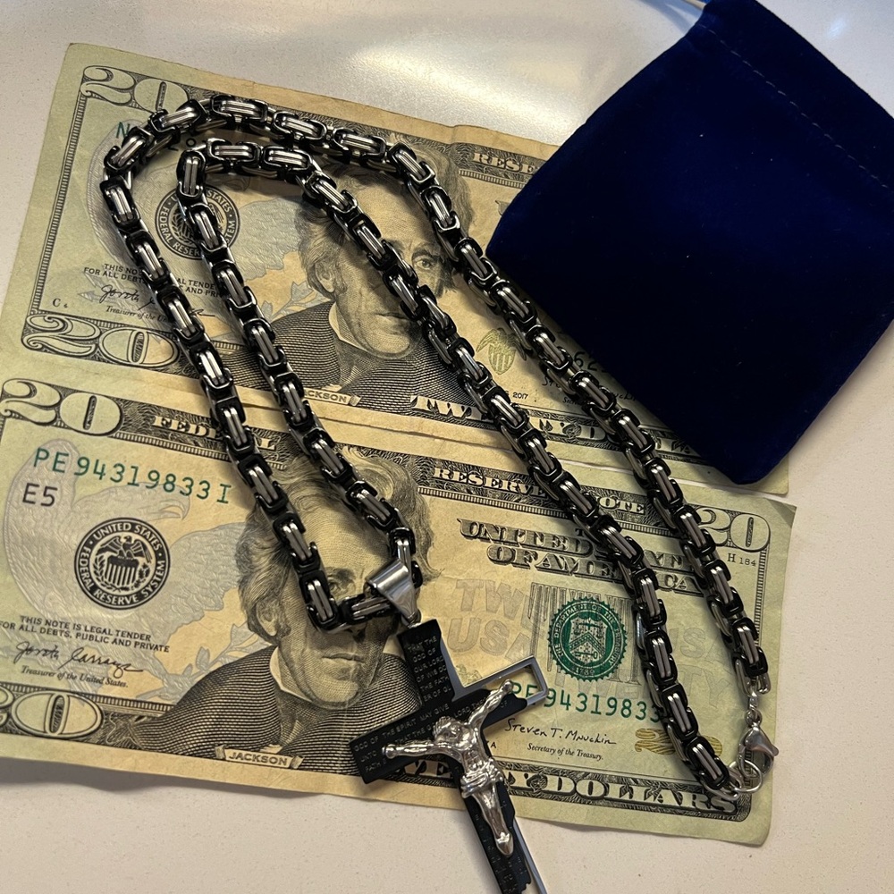 Silver and Black Chain Necklace with Cross Pendant surgical grade stainless